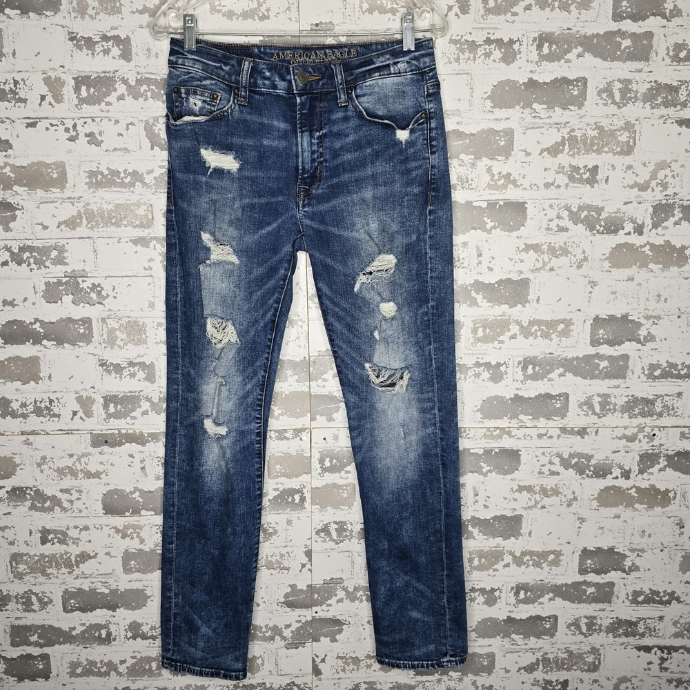 American Eagle Jeans Mens 29x30‎ Distressed Low Rise Slim Fit Medium Wash Denim